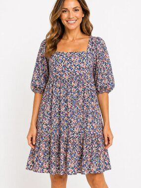 BCBG Paris Floral Mini Dress Balloon Sleeve Tie Back Blue Multi L